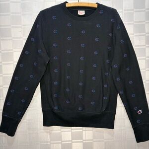 Vintage 70s Champion Men's Black Logo-Print Crewneck Sweater rare all over print